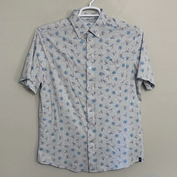 Southern Tide Men Medium Gray Fishing Fly Lure AOP Performance Button Down Shirt - Picture 2 of 5